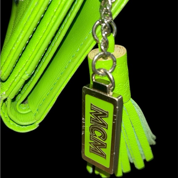 MCM Neon Green Leather Tri-Fold Wallet with Tassel - Picture 2 of 7